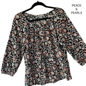 PEACE & PEARLS NWOT FLORAL BOHO PEASANT BLOUSE BUTTON FRONT | SIZE: SMALL